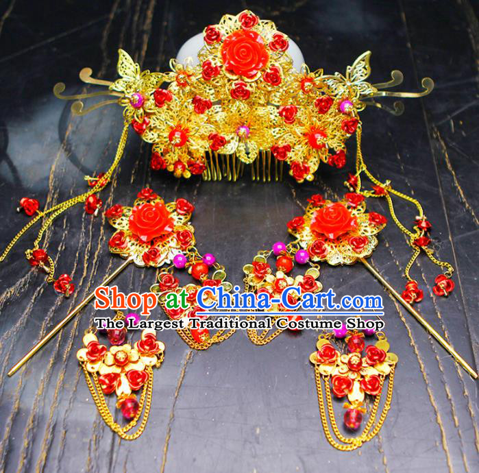 Chinese Traditional Wedding Red Roses Hair Comb Hairpins Ancient Bride Hair Accessories for Women
