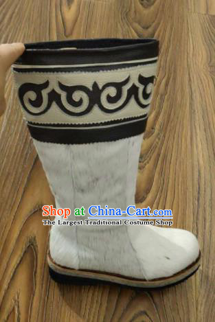 Chinese Traditional Mongol Nationality White Fur Boots Mongolian Ethnic Leather Riding Boots for Men