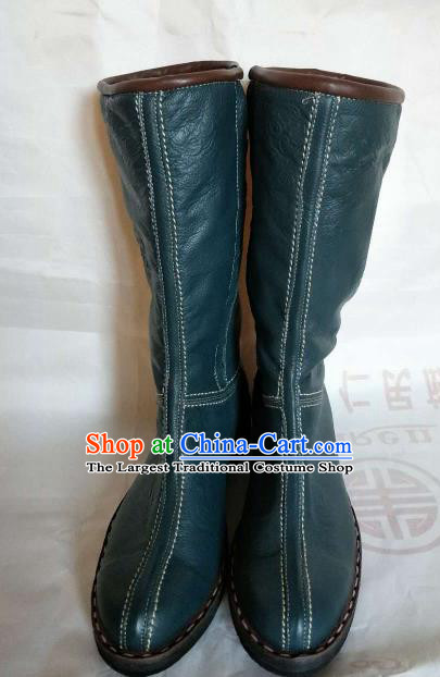 Chinese Traditional Mongol Nationality Green Boots Mongolian Ethnic Leather Riding Boots for Men