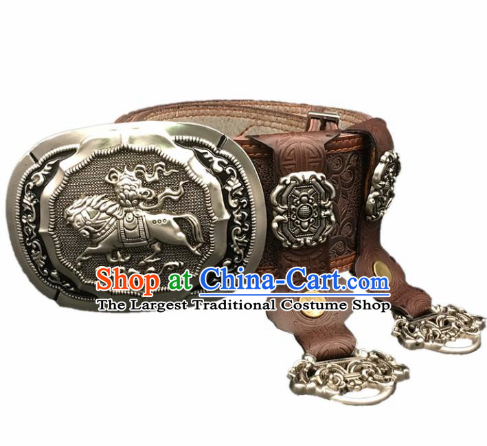 Traditional Chinese Mongol Nationality Brown Leather Belt Mongolian Ethnic Cupronickel Waistband for Men