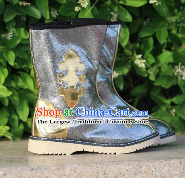 Chinese Traditional Mongol Nationality Grey Boots Mongolian Ethnic Leather Riding Boots for Kids
