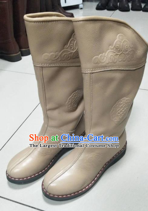 Chinese Traditional Mongol Nationality Khaki Riding Boots Mongolian Ethnic Shoes Winter Leather Boots for Women