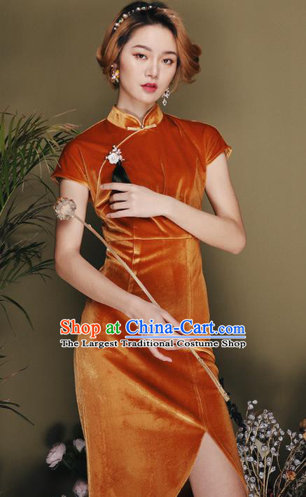 Chinese Traditional Tang Suit Orange Pleuche Cheongsam National Costume Qipao Dress for Women