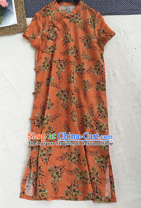 Chinese Traditional Tang Suit Printing Chrysanthemum Orange Ramie Cheongsam National Costume Qipao Dress for Women