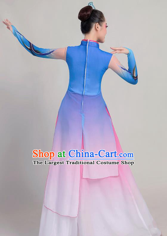 Chinese Traditional Umbrella Dance Stage Show Blue Dress Classical Dance Fan Dance Costume for Women