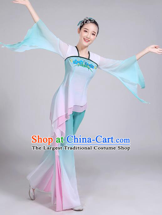 Chinese Traditional Umbrella Dance Stage Show Light Green Dress Classical Dance Fan Dance Costume for Women