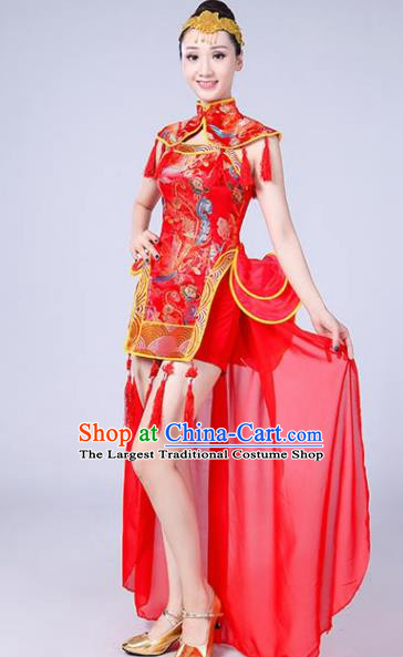 Chinese Traditional Folk Dance Yangko Red Outfits Drum Dance Group Dance Costume for Women