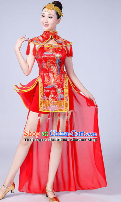 Chinese Traditional Folk Dance Yangko Red Outfits Drum Dance Group Dance Costume for Women