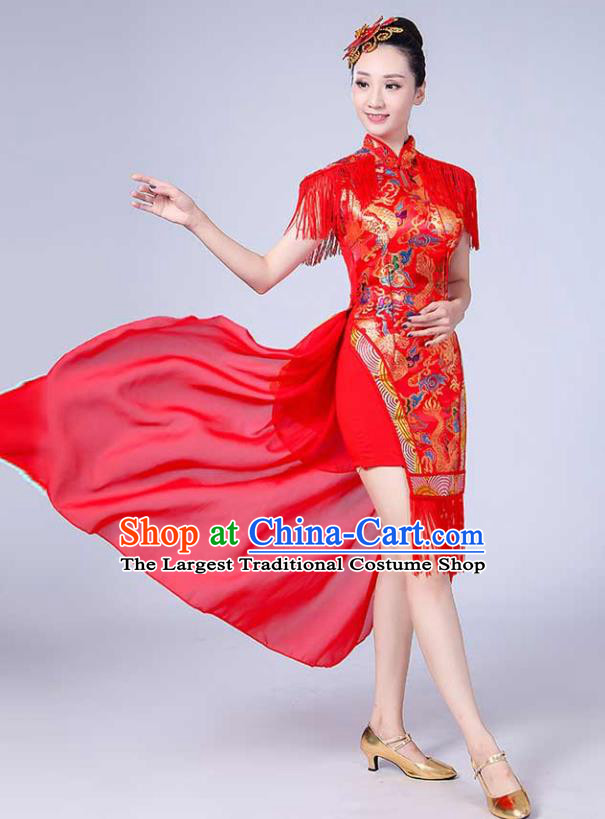 Chinese Traditional Folk Dance Yangko Red Tassel Dress Drum Dance Group Dance Costume for Women