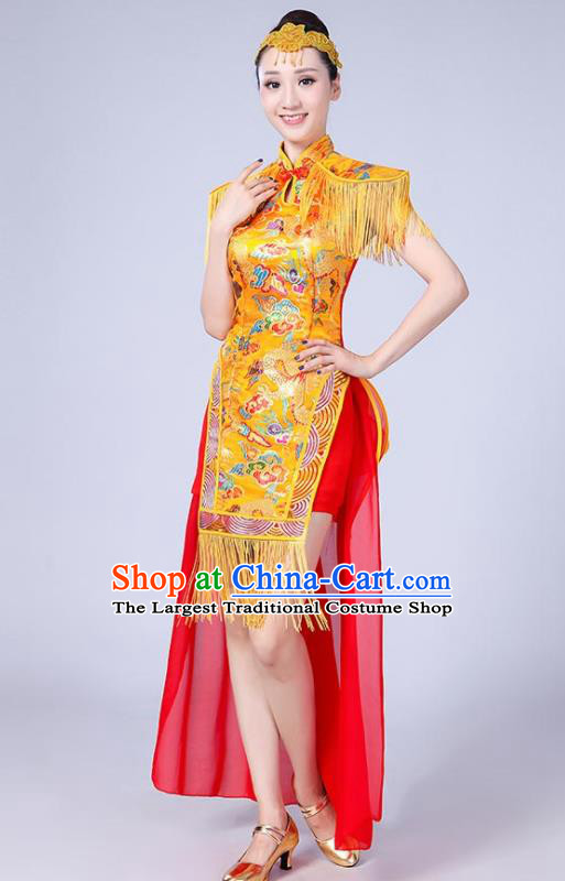 Chinese Traditional Folk Dance Yangko Yellow Tassel Dress Drum Dance Group Dance Costume for Women