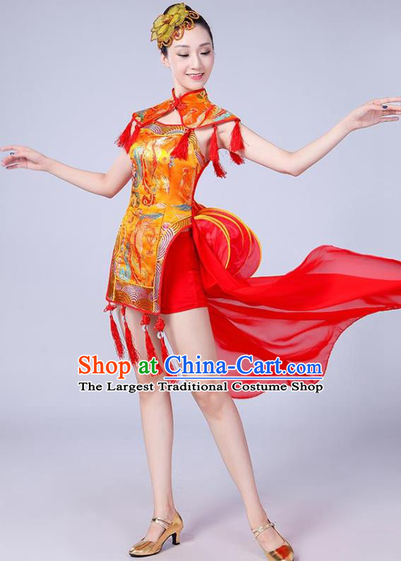 Chinese Traditional Folk Dance Yangko Golden Dress Drum Dance Group Dance Costume for Women