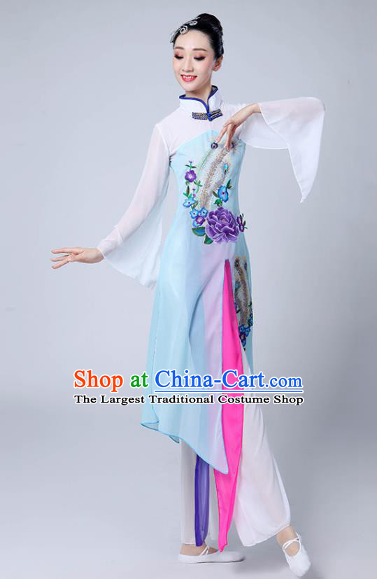 Chinese Traditional Umbrella Dance Stage Show Light Blue Dress Classical Dance Fan Dance Costume for Women