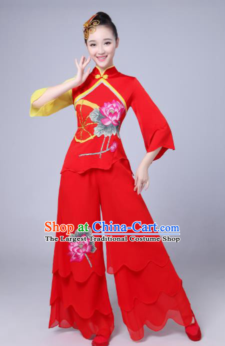 Chinese Traditional Folk Dance Lotus Dance Red Outfits Yangko Group Dance Costume for Women