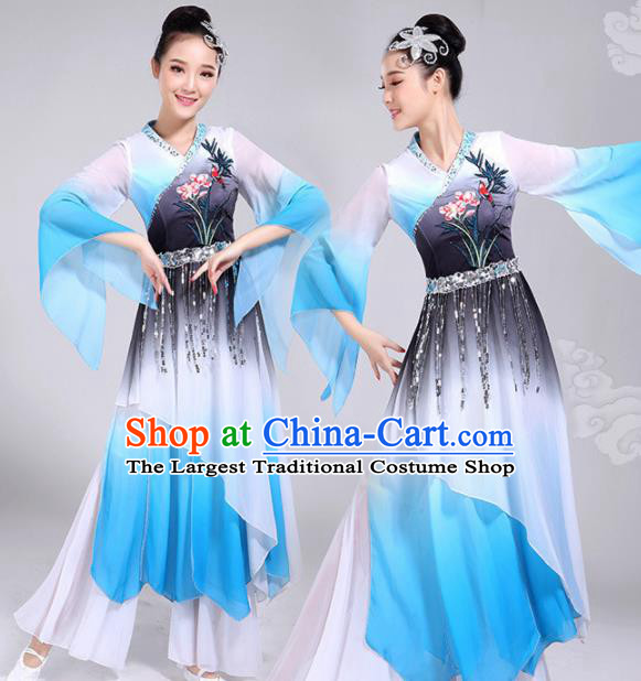 Chinese Traditional Umbrella Dance Blue Dress Classical Dance Fan Dance Costume for Women