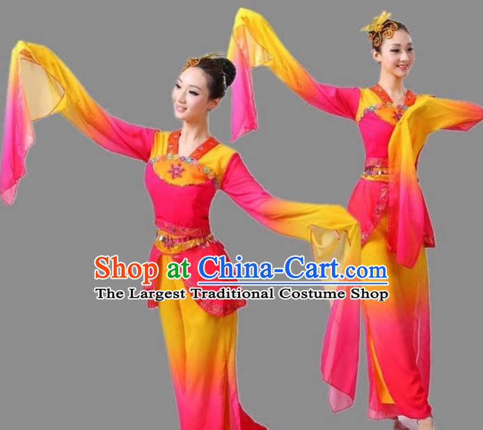 Chinese Traditional Folk Dance Lotus Dance Rosy Outfits Yangko Group Dance Costume for Women