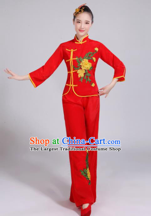 Chinese Traditional Folk Dance Yangko Red Outfits Fan Dance Group Dance Costume for Women