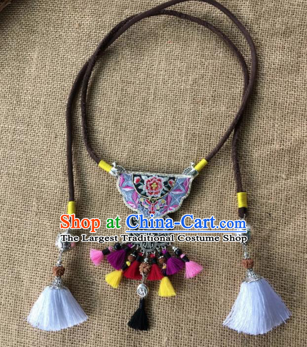 Chinese Traditional Ethnic Embroidered Necklace Accessories Nationality Silver Tassel Necklet for Women
