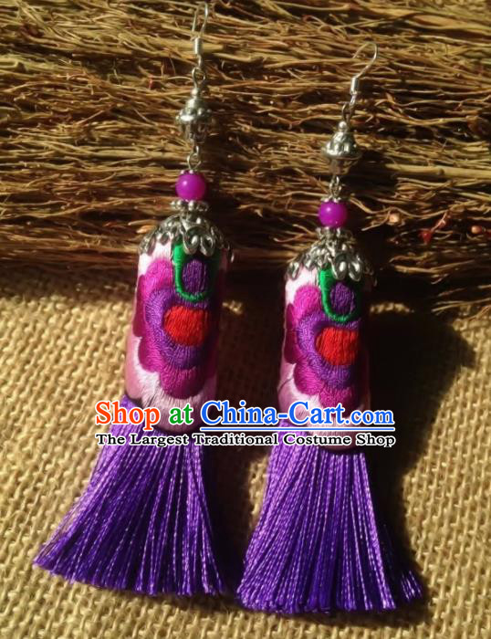 Chinese Traditional Ethnic Purple Embroidered Ear Accessories Miao Nationality Tassel Earrings for Women