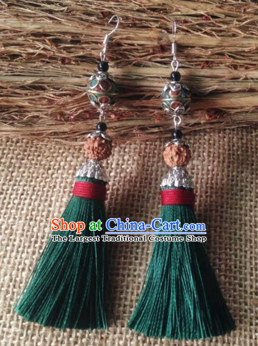 Chinese Traditional Dai Ethnic Ear Accessories Miao Nationality Green Tassel Earrings for Women