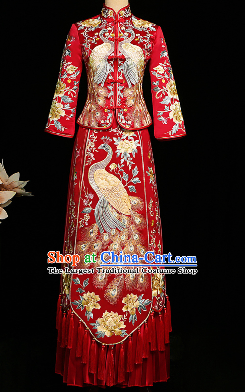 Top Red Tassels Chinese Classical Embroidered Phoenix Ancient Bride Wedding Dresses for Women