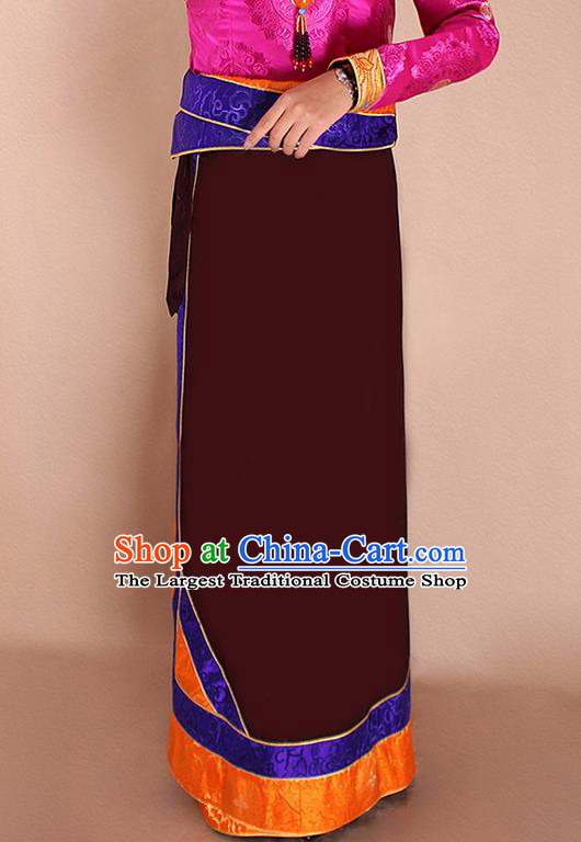 Traditional Chinese Zang Ethnic Dark Red Bhutan Skirt Tibetan Minority Folk Dance Costume for Women