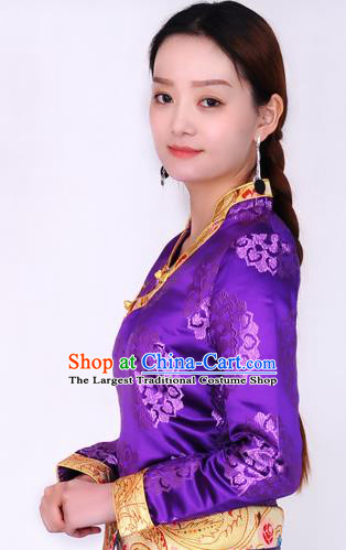 Traditional Chinese Zang Ethnic Purple Brocade Blouse Tibetan Minority Folk Dance Shirt Costume for Women