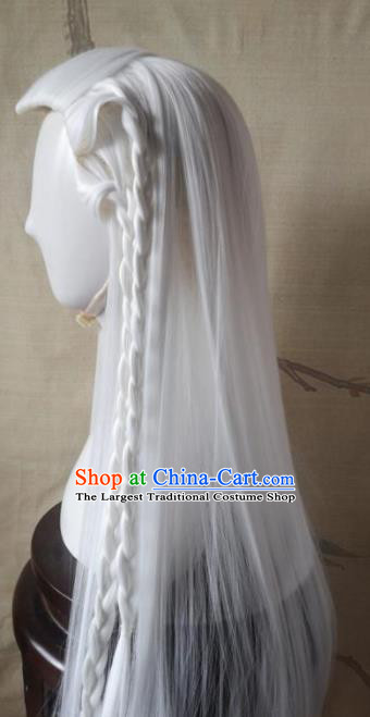 Traditional Chinese Cosplay Hanfu Swordsman White Wigs Ancient Taoist Priest Wig Sheath Hair Accessories for Men