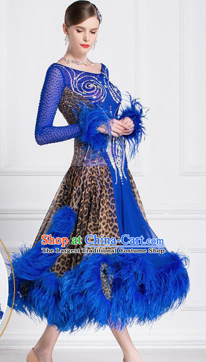 Professional International Waltz Dance Royalblue Feather Dress Ballroom Dance Modern Dance Competition Costume for Women