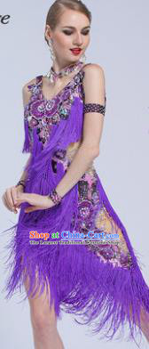 Top Latin Dance Competition Purple Tassel Dress Modern Dance International Rumba Dance Costume for Women