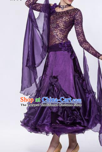 Professional Waltz Competition Modern Dance Purple Lace Bubble Dress Ballroom Dance International Dance Costume for Women