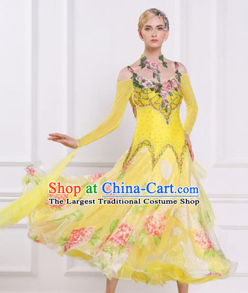 Top Waltz Competition Modern Dance Diamante Yellow Dress Ballroom Dance International Dance Costume for Women