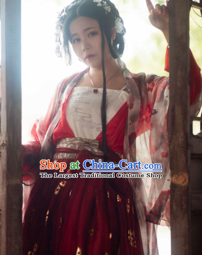 Ancient Chinese Song Dynasty Nobility Lady Red Hanfu Dress Imperial Concubine Historical Costumes for Women