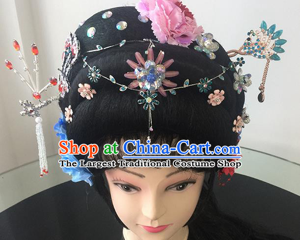 Chinese Beijing Opera Nobility Lady Headgear Traditional Peking Opera Princess Wig Sheath and Hair Accessories for Women