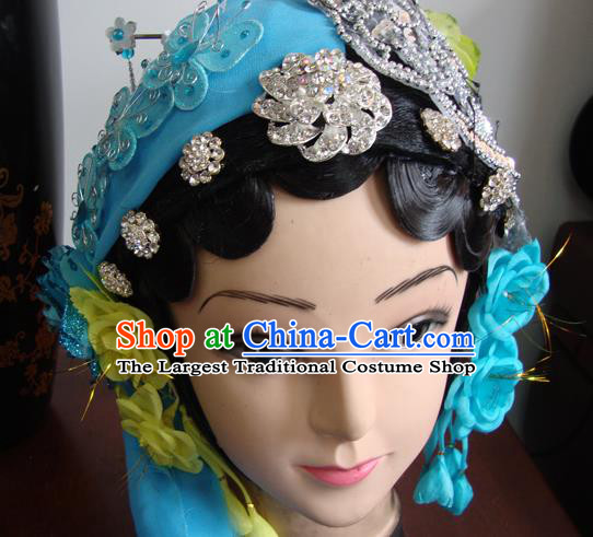 Chinese Beijing Opera Civilian Blue Headgear Traditional Peking Opera Wig Sheath and Hair Accessories for Women