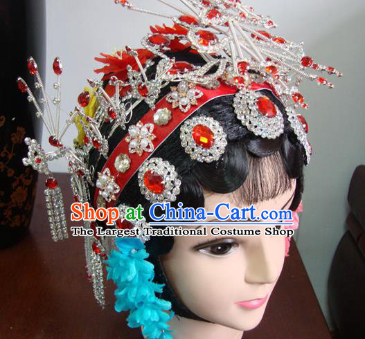 Chinese Beijing Opera Girls Red Headgear Traditional Peking Opera Wig Sheath and Hair Accessories for Women