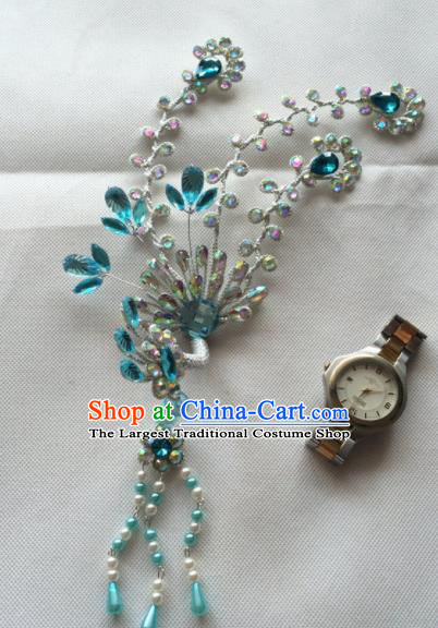 Chinese Beijing Opera Princess Blue Crystal Phoenix Hairpins Traditional Peking Opera Diva Hair Accessories for Women