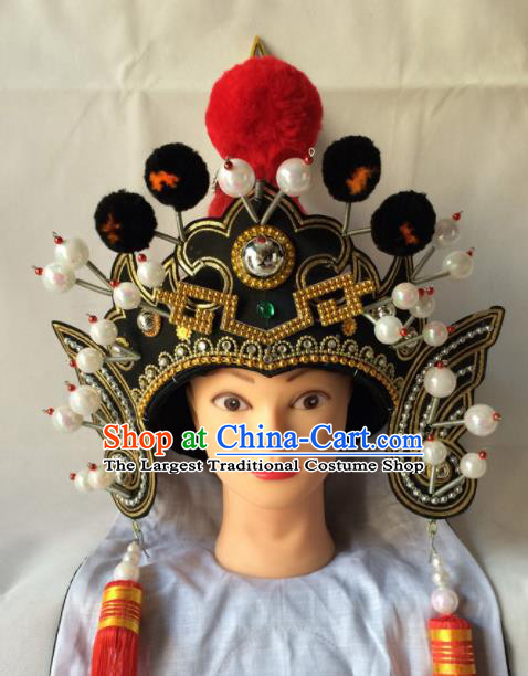 Chinese Beijing Opera General Black Hat Traditional Peking Opera Takefu Headwear for Men