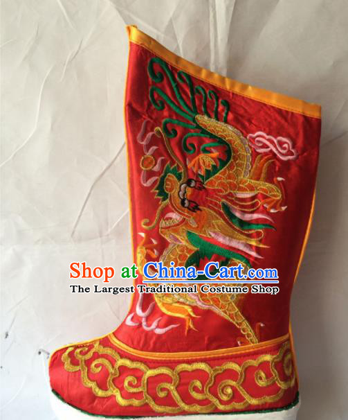Chinese Beijing Opera Emperor Red Boots Traditional Peking Opera Takefu Embroidered Shoes for Men