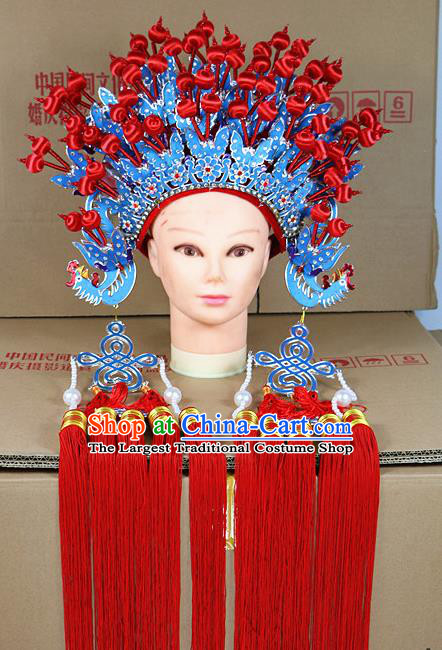 Chinese Beijing Opera Queen Blue Butterfly Phoenix Coronet Traditional Peking Opera Bride Hat Hair Accessories for Women