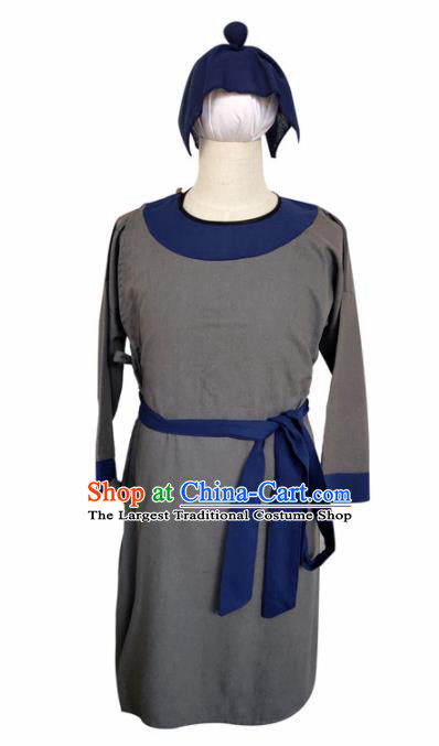Chinese Ancient Civilian Grey Robe Traditional Ming Dynasty Teahouse Waiter Costume for Men