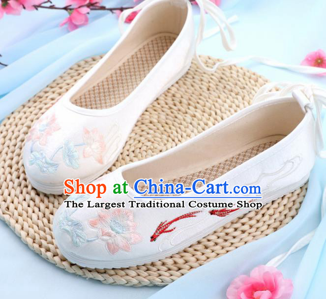 Traditional Chinese Embroidered Lotus Goldfish White Shoes Handmade Cloth Shoes National Cloth Shoes for Women