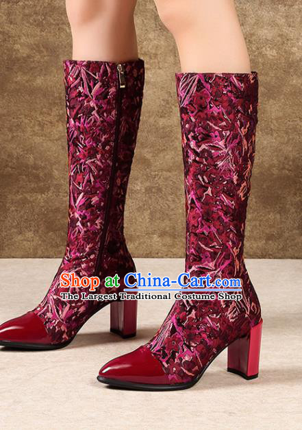 Traditional Chinese Handmade Wine Red Satin Boots National High Heel Shoes for Women