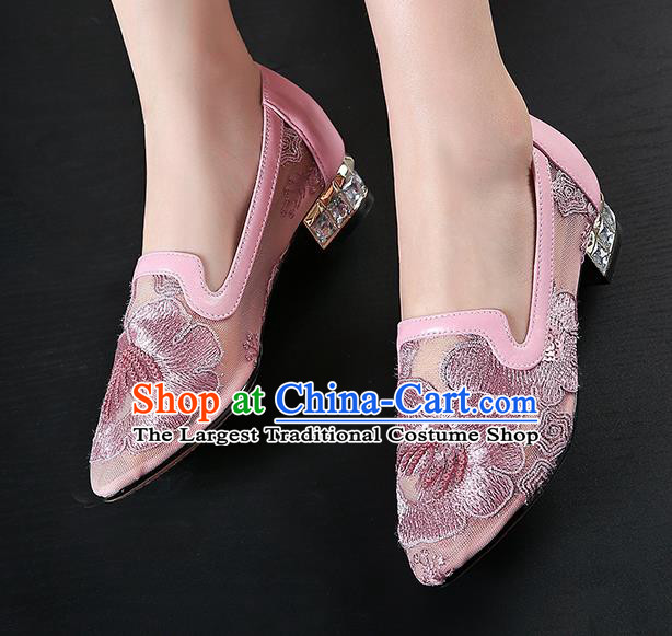 Traditional Chinese Handmade Embroidered Peony Lilac Shoes National High Heel Shoes for Women