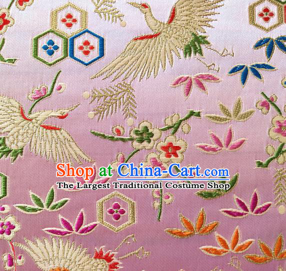 Asian Japan Traditional Plum Crane Pattern Design Pink Brocade Damask Fabric Kimono Satin Material