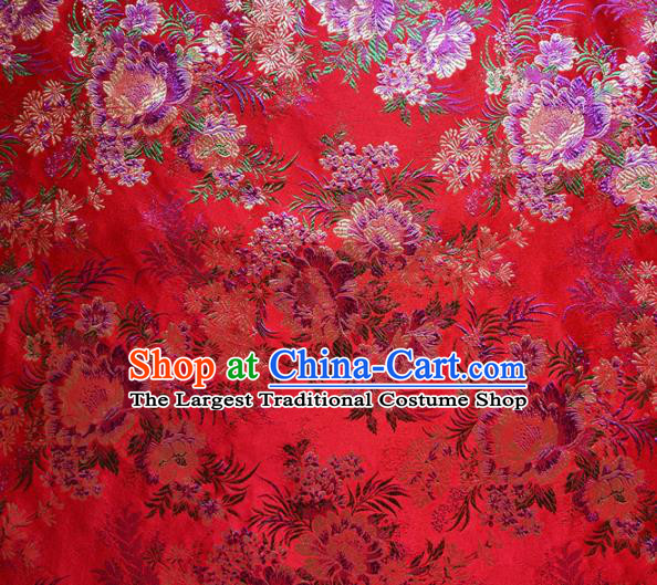 Asian Chinese Traditional Peony Pattern Design Red Brocade Cheongsam Fabric Silk Material