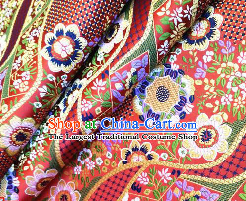 Asian Japan Traditional Flowers Pattern Design Red Brocade Damask Fabric Japanese Kimono Satin Material