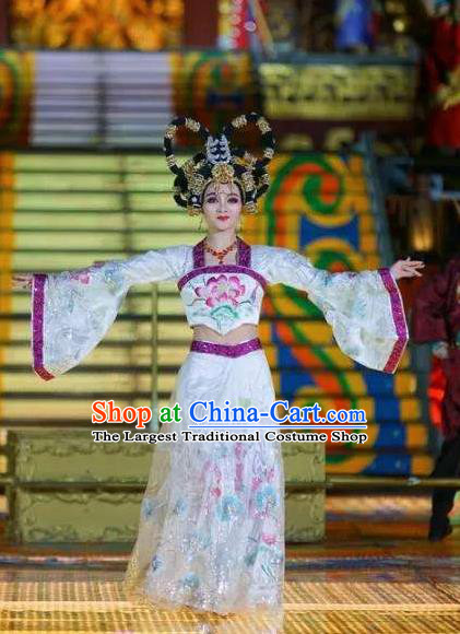 Chinese The Long Regret Tang Dynasty Court Dance White Dress Stage Performance Costume and Headpiece for Women