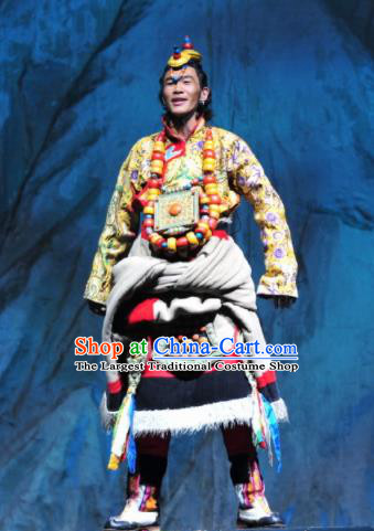 Chinese Impression Tibetan Zang Nationality Golden Robe Stage Performance Folk Dance Costume for Men