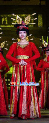 Chinese Chang An Impression Ancient Tang Dynasty Classical Dance Red Dress Stage Performance Costume and Headpiece for Women