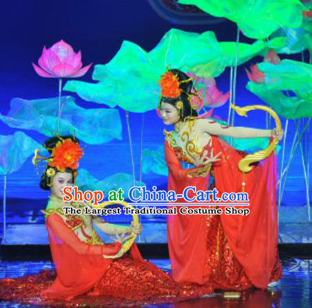 Chinese Magic Ganpo Impression Classical Dance Red Dress Stage Performance Costume and Headpiece for Women